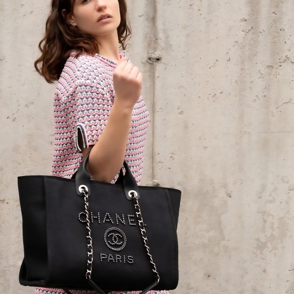 Boutique Handbags - Black Canvas/Pearl Deauville Tote